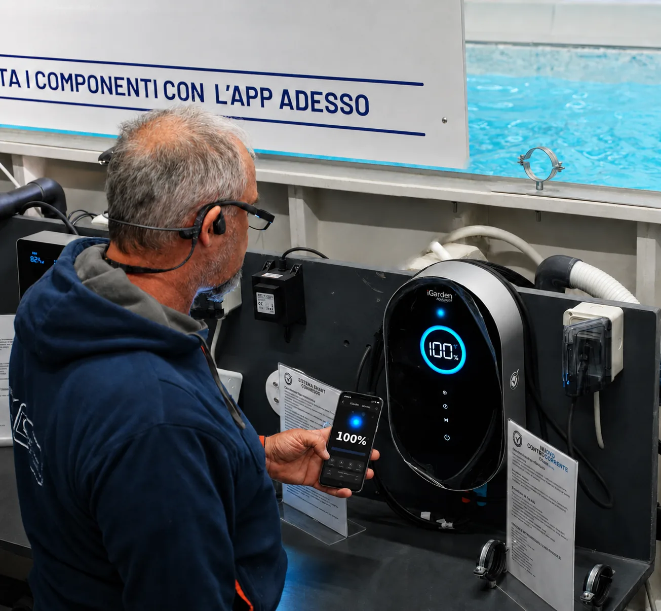 Centro Testing Piscine CV con acqua, tecnico e componenti accesi al banco prova