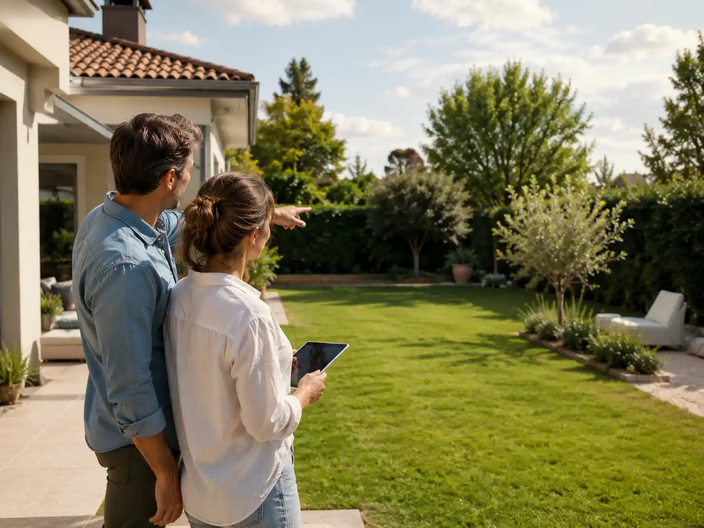 Coppia che valuta il locale tecnico della piscina in giardino